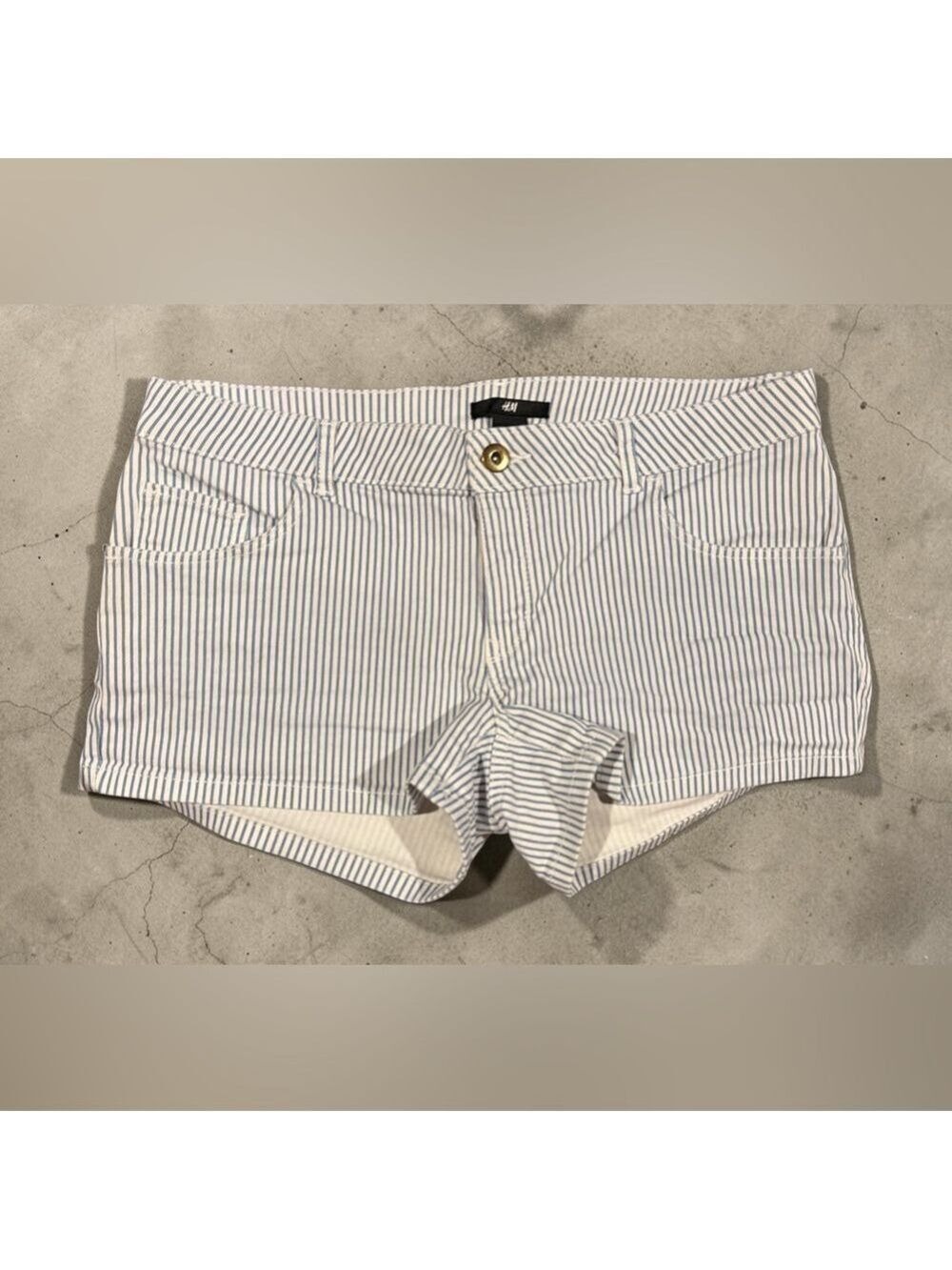 H&M White Blue Stripe High Waist Shorts Cotton Blend